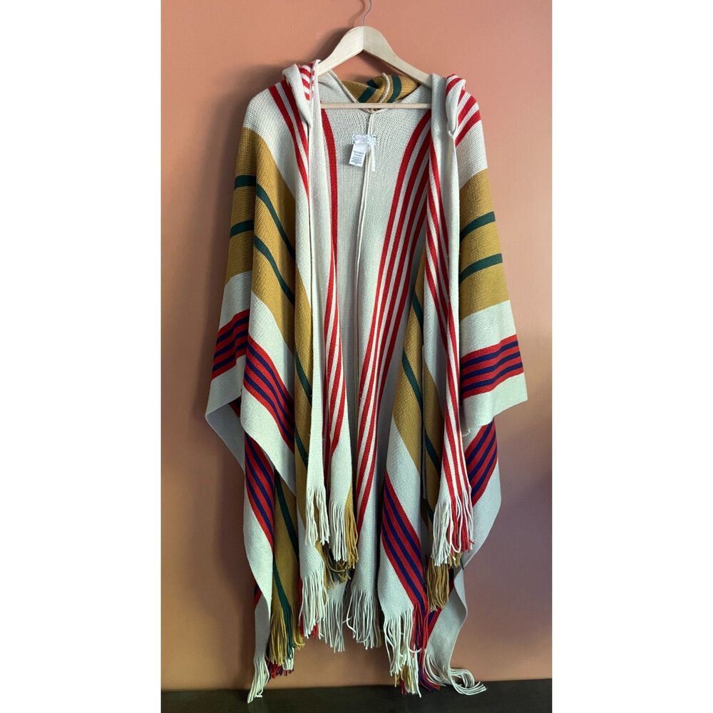 Free People Hooded Striped Fringe Poncho One Size Oversized Boho Cape
